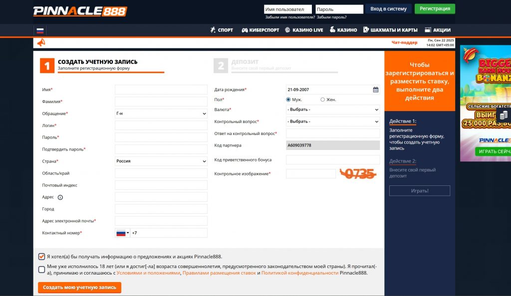 Анкета регистрации Пинакл888
